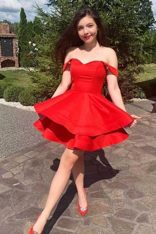A-Line Red Satin Straps Short Prom Dress Homecoming Dress PD377 - Pgmdress