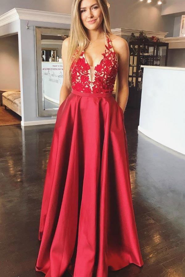 A-Line Satin Appliques Red Long Prom Dress with Pocket PG934 US4 / Red