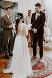 A-Line Round Neck Backless Lace Top Wedding Dress with Long Sleeves WD371 - Pgmdress