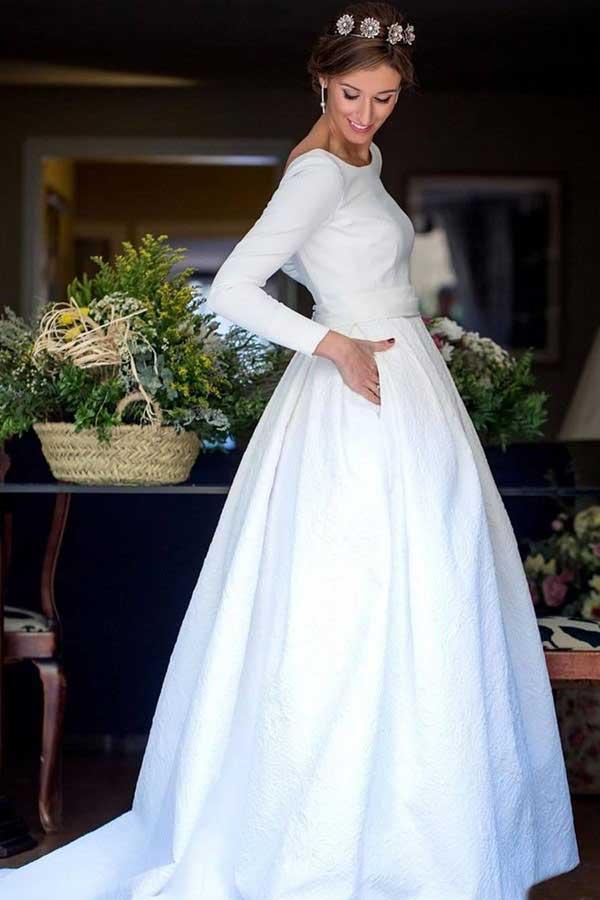 A-Line Round Neck Backless Satin Wedding Dress with Sleeves WD266 Custom Size / White