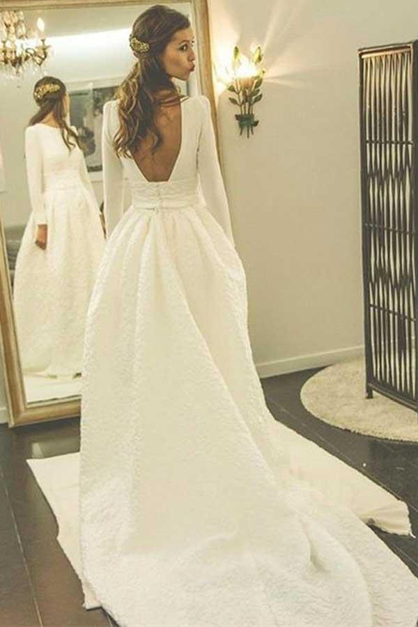 A-Line Round Neck Backless Satin Wedding Dress with Sleeves WD266 Custom Size / White A-Line Round Neck Backless Satin Wedding Dress with Sleeves WD266 Custom Size / White