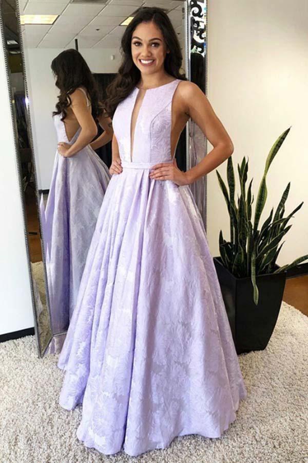 A-Line Round Neck Floor-Length Lilac Printed Prom Dress US14 / Lilac