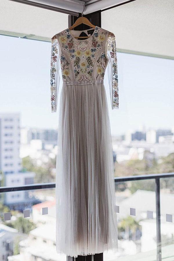 A-Line Round Neck Long Wedding Dress with Lace Long Sleeves WD341 - Pgmdress