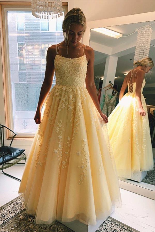 A-line Round Neck Tulle Lace Yellow Prom Dress Formal Dress PSK032