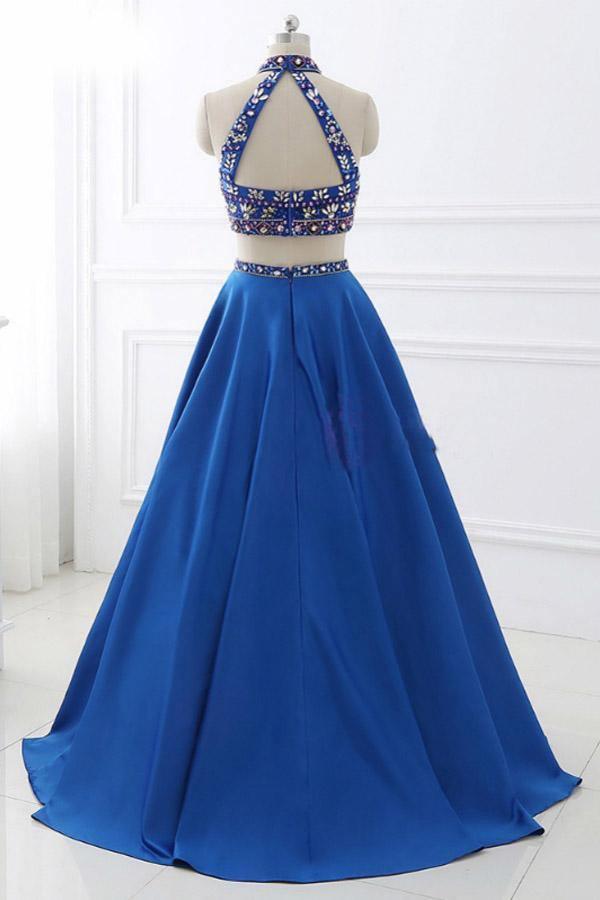 A-Line Royal Blue Satin Two Piece Halter Backless Prom Dress With Crystal PG916 - Pgmdress