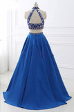 A-Line Royal Blue Satin Two Piece Halter Backless Prom Dress With Crystal PG916 - Pgmdress