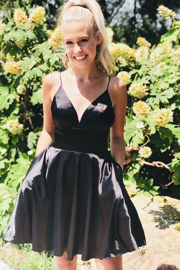A-Line Satin Fit and Flare Yellow Homecoming Dress with Pockets US14 / Black A-Line Satin Fit and Flare Yellow Homecoming Dress with Pockets US14 / Black