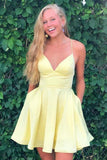 A-line Satin Fit and Flare Yellow Homecoming Dress with Pockets PD333 - Pgmdress