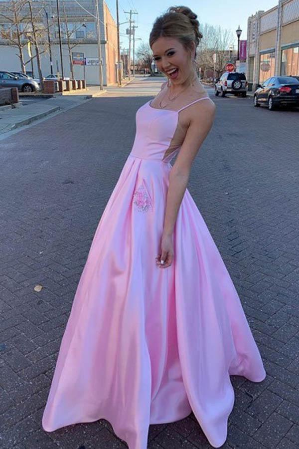 A Line Satin Floor Length Pink Prom Dress with Pockets-Pgmdress US12 / Custom Color