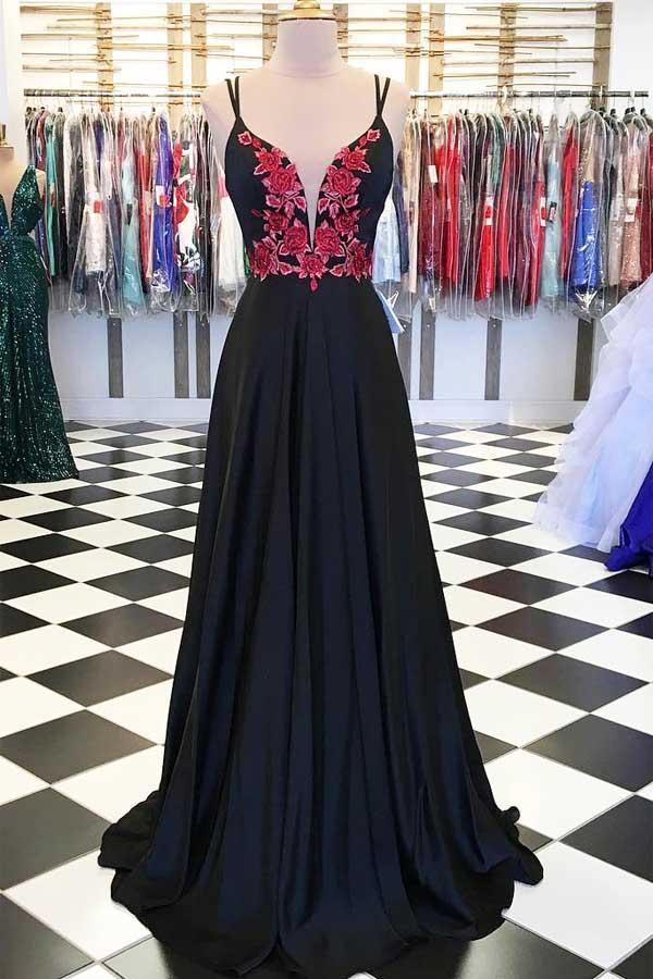 A-Line Satin Spaghetti Straps Floral Appliques Black Long Prom Dress US0 / Black