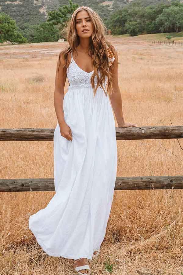 A-Line Scoop Backless Floor Length Beach Wedding Dress with Lace WD272 - Pgmdress