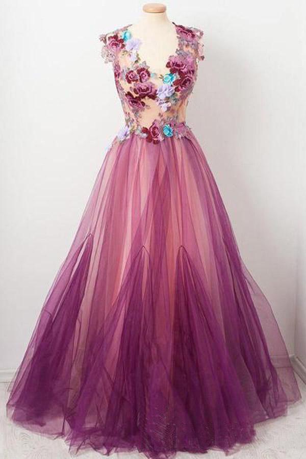 A line Scoop neck Appliqued Burgundy Tulle Flower Prom/Party Dress PSK007 - Pgmdress