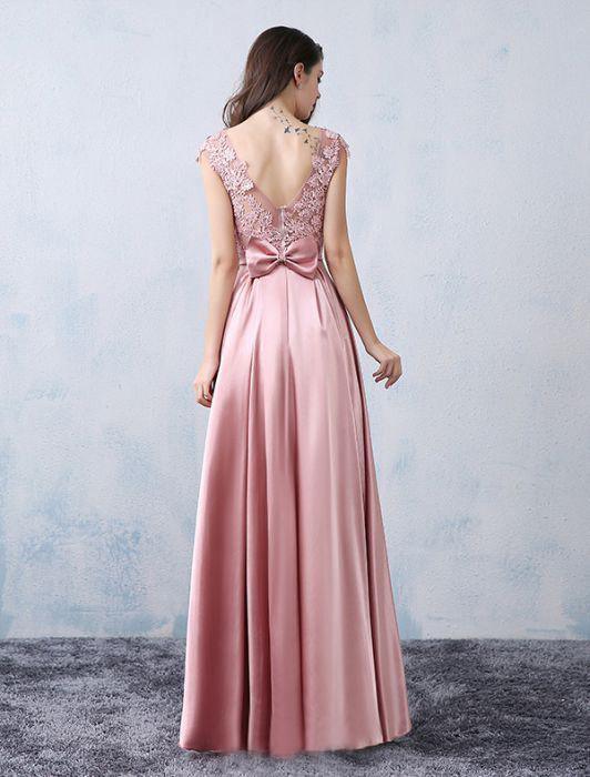 A-line Scoop Pink Satin Applique Modest Prom Dress Evening Dress PSK065 - Pgmdress