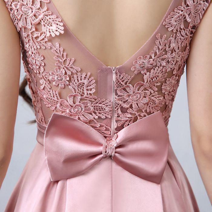 A-line Scoop Pink Satin Applique Modest Prom Dress Evening Dress PSK065 - Pgmdress