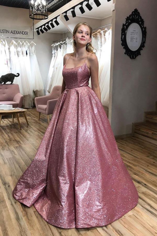 A-Line Scoop Spaghetti Straps Sparkly Prom Dress with Pockets PSK163 US2 / Pastel Pink A-Line Scoop Spaghetti Straps Sparkly Prom Dress with Pockets PSK163 US2 / Pastel Pink