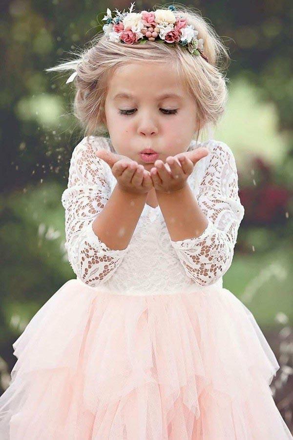 A-Line Scoop Tea-Length 3/4 Sleeves Pink Flower Girl Dress with Lace Ruffles FL05 - Pgmdress