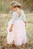 A-Line Scoop Tea-Length 3/4 Sleeves Pink Flower Girl Dress with Lace Ruffles  FL05
