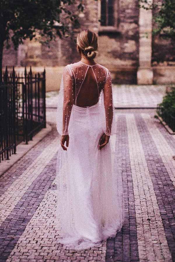 A-line See Through Tulle Long Sleeve Wedding Dresses Pearl WD336 - Pgmdress