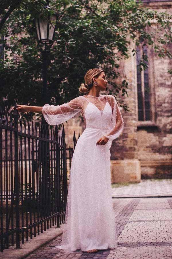 A-line See Through Tulle Long Sleeve Wedding Dresses Pearl WD336 - Pgmdress