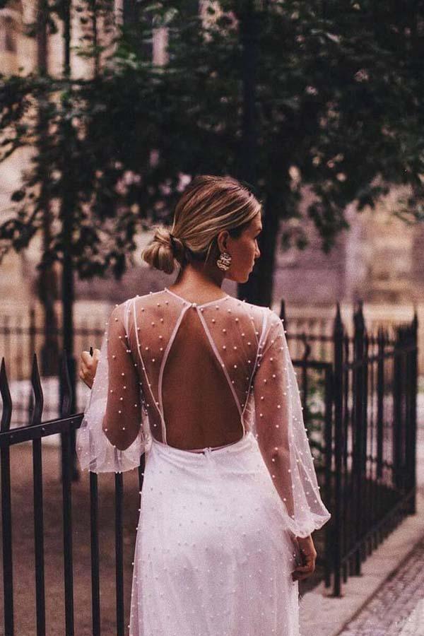A-line See Through Tulle Long Sleeve Wedding Dresses Pearl WD336 - Pgmdress