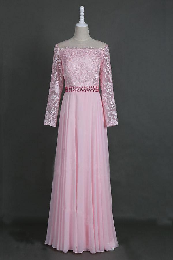 A-Line Sheer Neckline Prom Dresses Floor Length Long Sleeves Evening Dress PG972 - Pgmdress