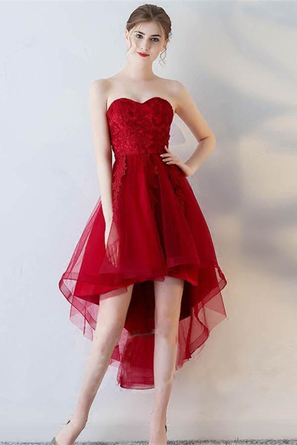 A-Line Short Sleeves Appliques Sweetheart Asymmetry Homecoming Dress PD141 - Pgmdress