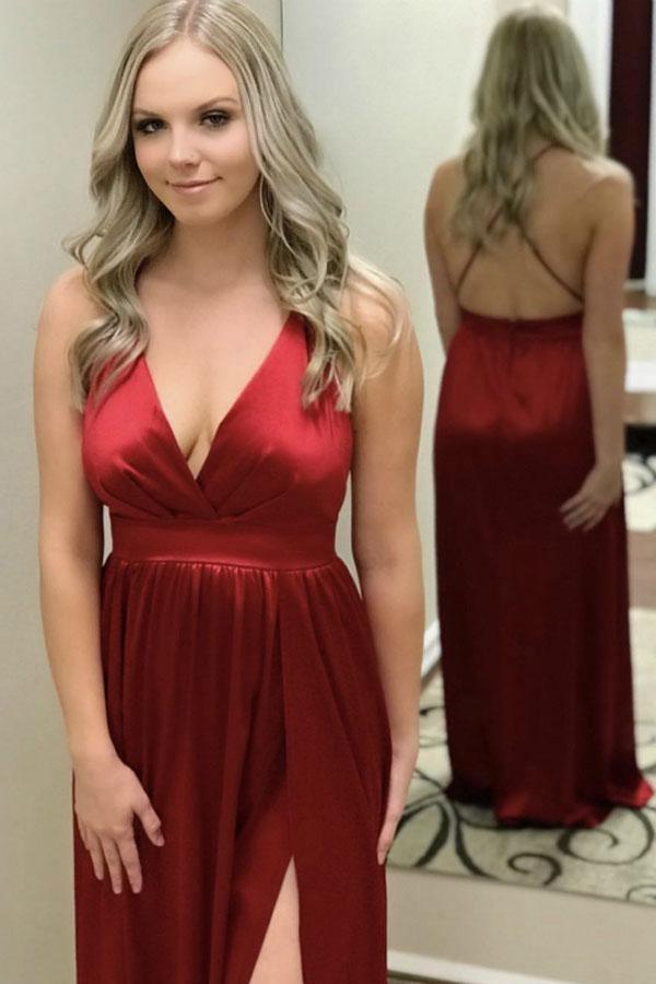 A-Line Silk Satin V Neck Sexy Prom Dress With Side Slit PG911 Custom Size / Burgundy A-Line Silk Satin V Neck Sexy Prom Dress With Side Slit PG911 Custom Size / Burgundy
