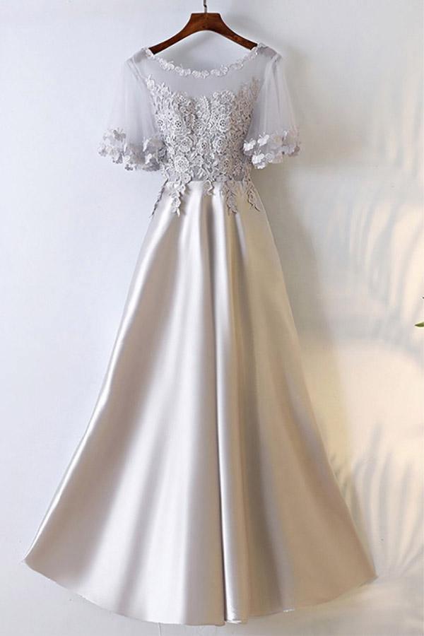 A-Line Satin Silver Long Prom Dress with Illusion Neckline PG689 US16 / Silver A-Line Satin Silver Long Prom Dress with Illusion Neckline PG689 US16 / Silver