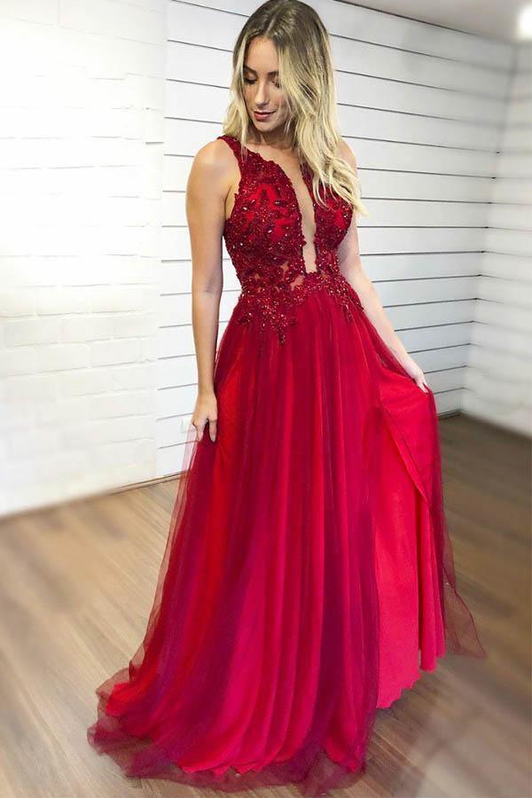 A-line Sleeveless Burgundy Prom Dress With Appliques Beading PG898 US0 / Burgundy A-line Sleeveless Burgundy Prom Dress With Appliques Beading PG898 US0 / Burgundy