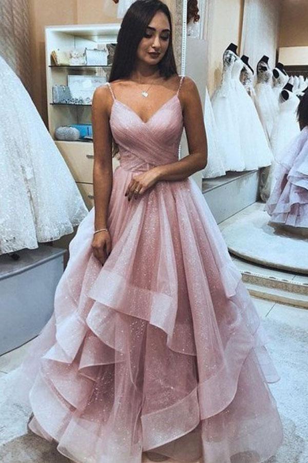 Modest Pink Tulle Prom Skirt Pageant Gown Evening Gown Cheap Rose Gold Prom Dresses A Line Spaghetti Straps Organza Tiered Pink Modest Pink Tulle Prom Skirt Pageant Gown Evening Gown Cheap Rose Gold Prom Dresses A Line Spaghetti Straps Organza Tiered Pink