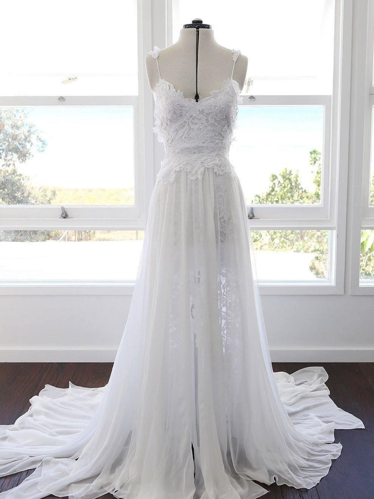 A-line Spaghetti Strap White Lace Chiffon Beach Wedding Bridal Dresses WD290 - Pgmdress