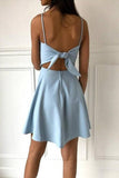A-Line Spaghetti Straps Above-Knee Light Blue Satin Homecoming Dress PD390 - Pgmdress