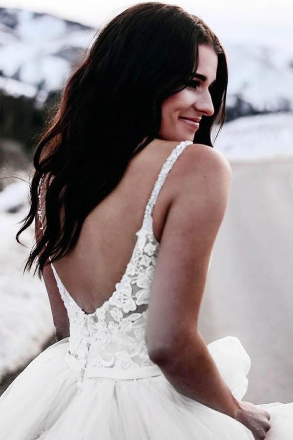 A-Line Spaghetti Straps Asymetrical Wedding Dress with Lace WD236 - Pgmdress