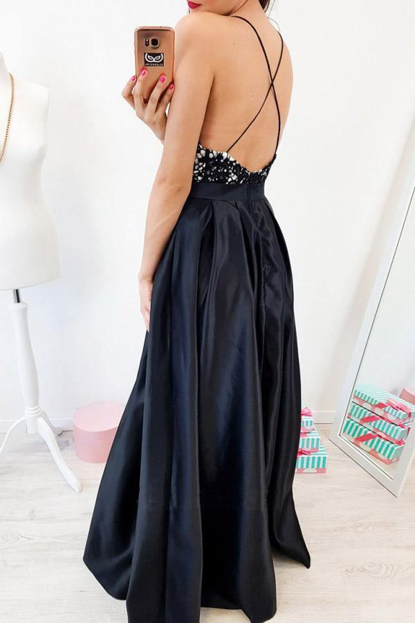 A-Line Spaghetti Straps Backless Floor-Length Black Prom Dress PSK040-Pgmdress