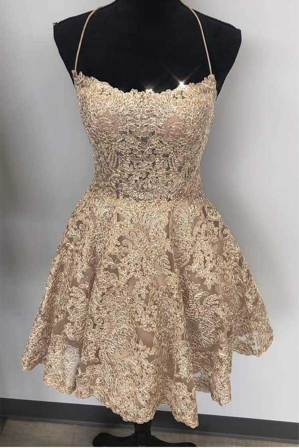A Line Spaghetti Straps Cross Back Blue Lace Short Prom Dresses PD259 - Pgmdress