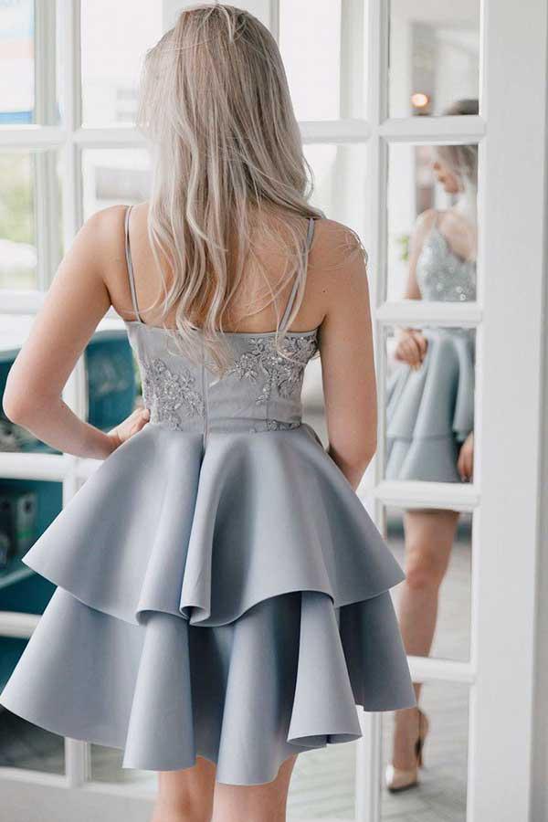 A-Line Spaghetti Straps Grey Satin Homecoming Dress with Appliques PD027 - Pgmdress