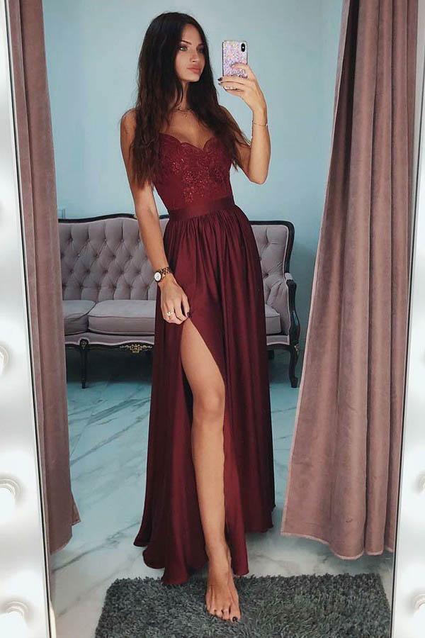 Spaghetti Straps Gray Long Prom Dress with Lace Sequins PSK029 - US0 / Burgundy Spaghetti Straps Gray Long Prom Dress with Lace Sequins PSK029 - US0 / Burgundy