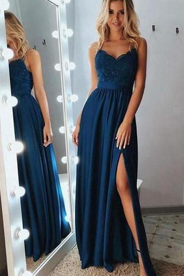 A-Line Spaghetti Straps Long Gray Prom Party Dress with Lace Sequins PSK029 - Pgmdress
