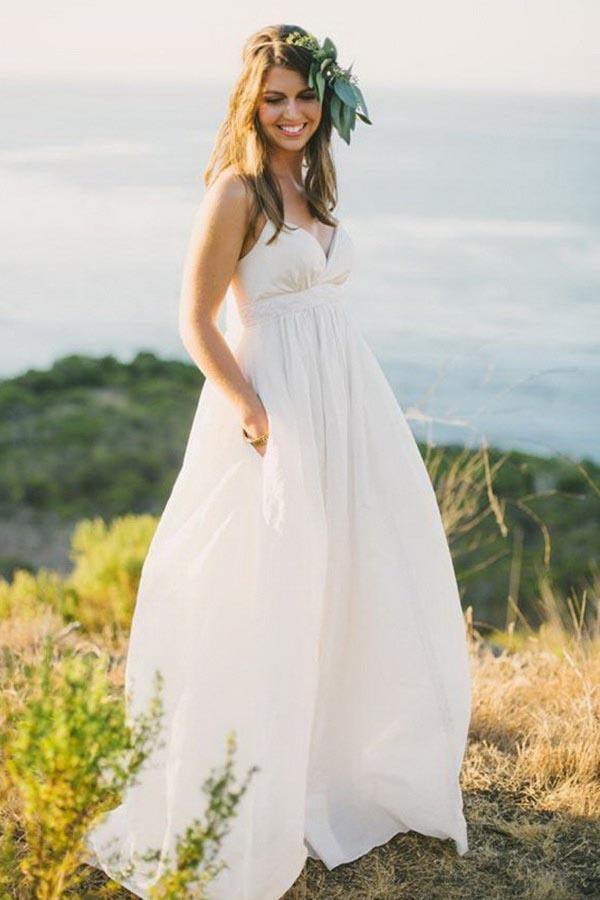 A-Line Spaghetti Straps Sweep Train Chiffon Wedding Dress US12 / White A-Line Spaghetti Straps Sweep Train Chiffon Wedding Dress US12 / White