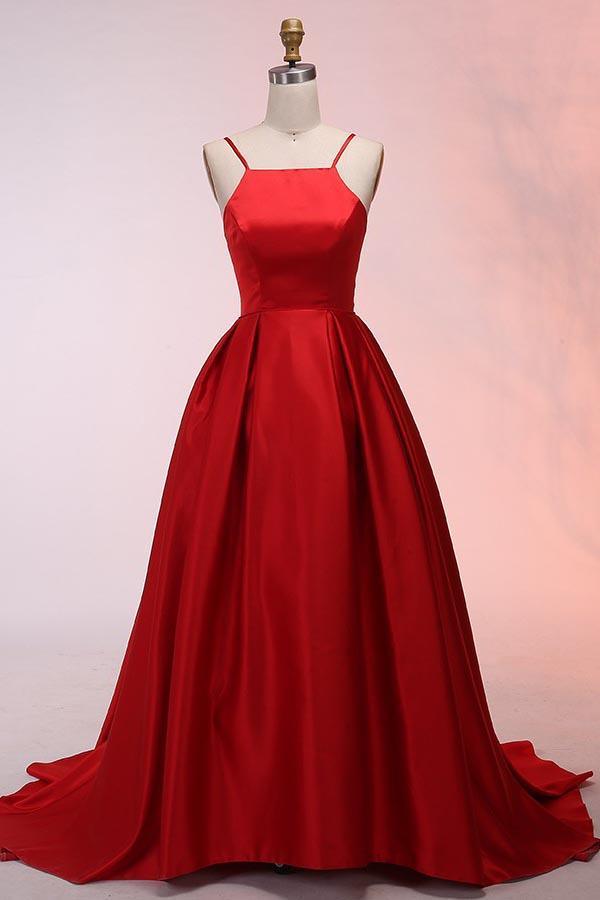 A-Line Spaghetti Straps Sweep Train Red Satin Prom Dress PG529 - Pgmdress