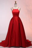 A-Line Spaghetti Straps Sweep Train Red Satin Prom Dress  PG529