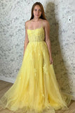 A Line Spaghetti Straps Yellow Split Long Prom Dress With Lace Appliques PSK211