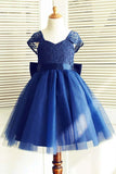 A-Line Square Knee-Length Navy Blue Tulle Flower Girl Dress  FL02