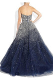 A-line Strapless Beading Tulle Long Navy Blue Prom Dresses PG366 - Pgmdress