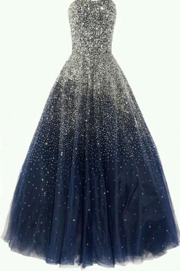 A-line Strapless Beading Tulle Long Navy Blue Prom Dresses PG366 - Pgmdress
