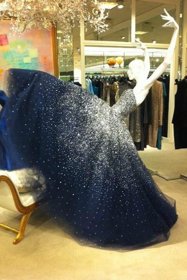 A-line Strapless Beading Tulle Long Navy Blue Prom Dresses PG366 - Pgmdress