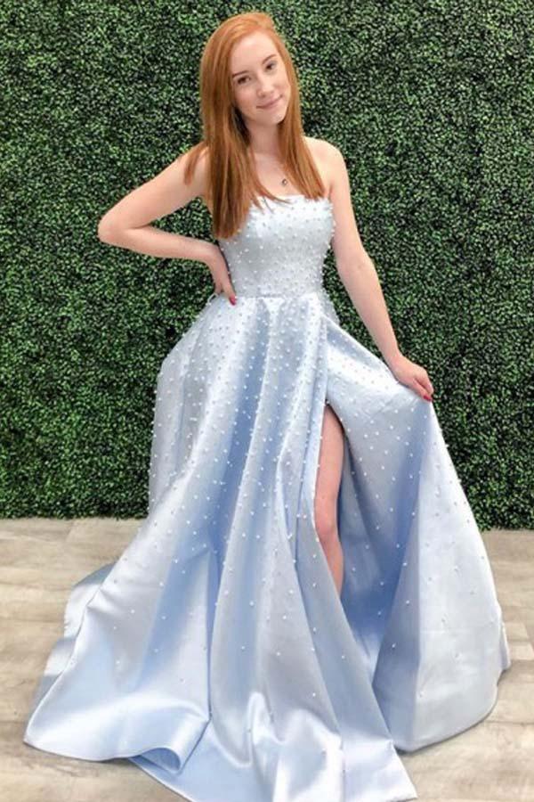 A Line Strapless Light Sky Blue Prom/Formal Dress With Pearls US4 / Custom Color A Line Strapless Light Sky Blue Prom/Formal Dress With Pearls US4 / Custom Color