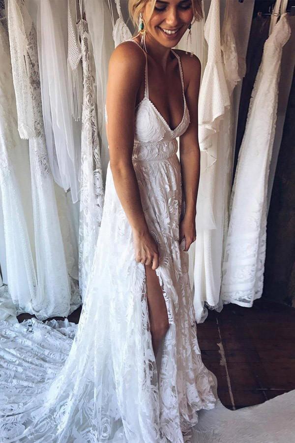 A-Line Straps Backless Court Train Lace Beach Wedding Dress WD108 - Pgmdress