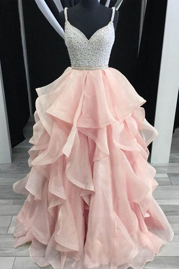A-Line Straps Backless Tiered Organza Beaded Prom Dress PG532 - Pgmdress