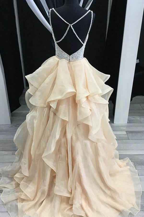 A-Line Straps Backless Tiered Organza Beaded Prom Dress PG532 - Pgmdress